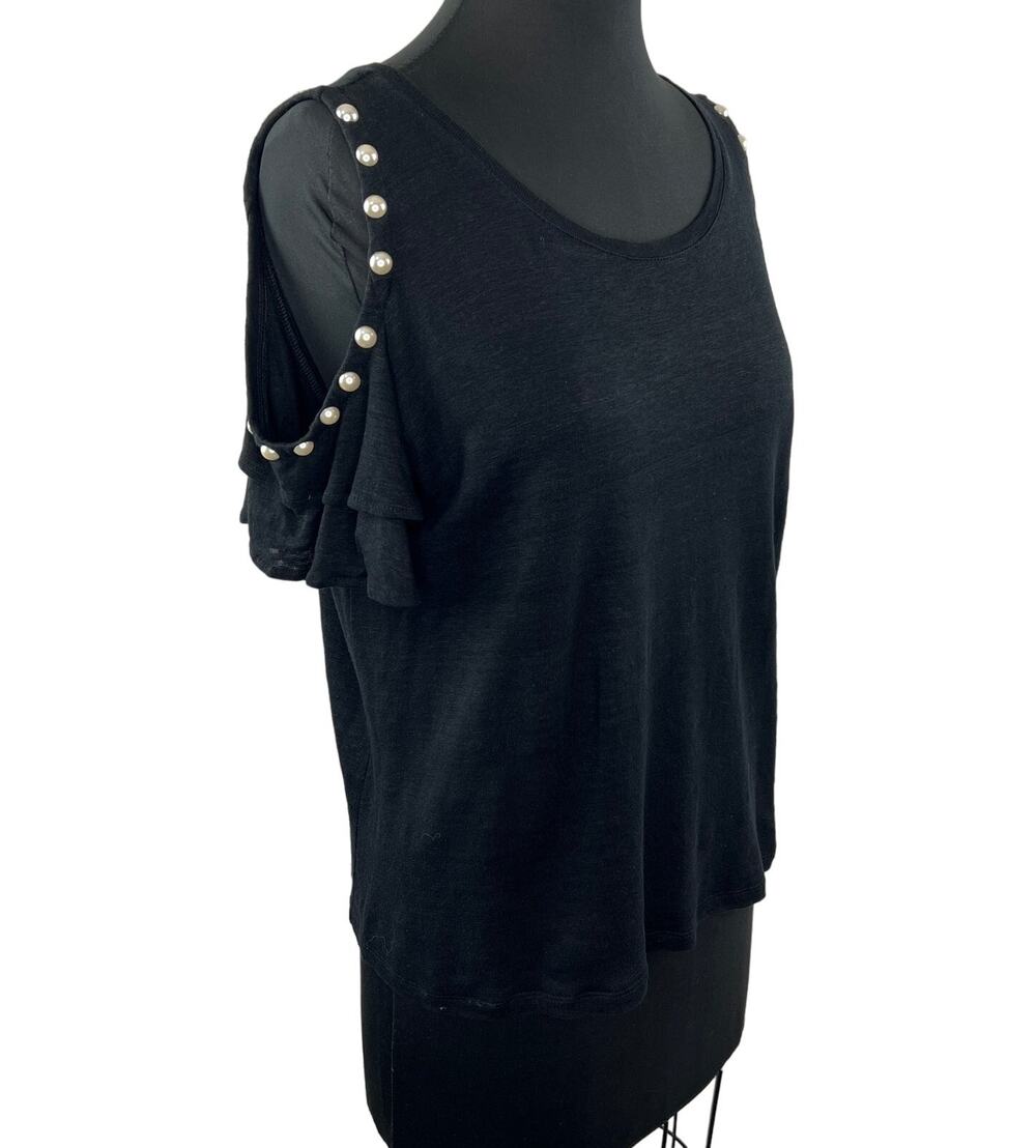 Generation Love Black Linen Knit Short Flutter Sleeve Cold Shoulder Beaded Top M